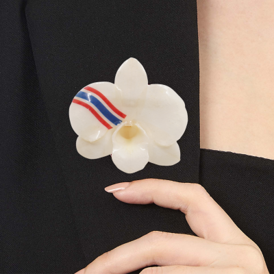 Clear-coated Dendrobium Orchid with Thai flag design Brooch