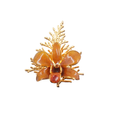 Gold-Plated Dendrobium orchid and Cypress Leaf Pin