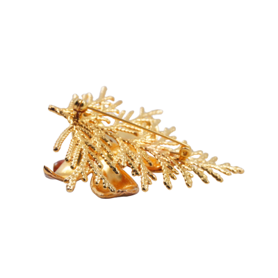 Gold-Plated Dendrobium orchid and Cypress Leaf Pin