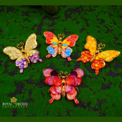 Clear-coated aster petel flower butterfly brooch.