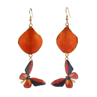 ต่างหูกลีบดอกกล้วยไม้เดนโดรเบียมขอบทองห้อยผีเสื้อ