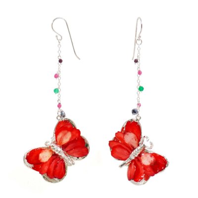 Silver Plated Butterfly Earrings with Preserved Flower Petals and Beads