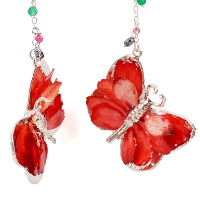 Silver Plated Butterfly Earrings with Preserved Flower Petals and Beads
