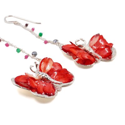 Silver Plated Butterfly Earrings with Preserved Flower Petals and Beads