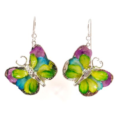 Silver Plated Butterfly Earrings with Multicolor Preserved Flower Petals