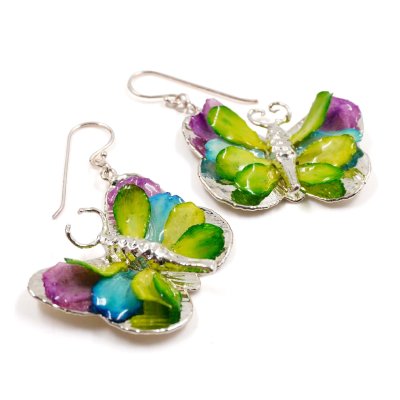 Silver Plated Butterfly Earrings with Multicolor Preserved Flower Petals