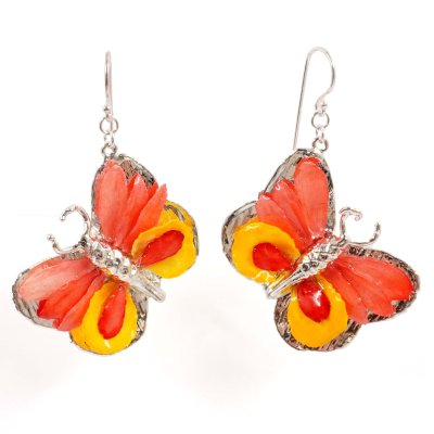 Silver Plated Butterfly Earrings with Multicolor Preserved Flower Petals
