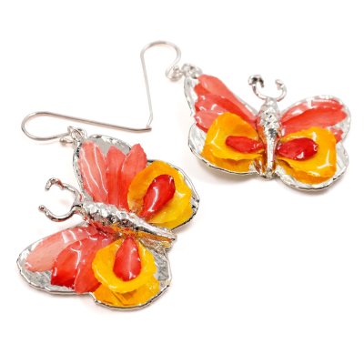 Silver Plated Butterfly Earrings with Multicolor Preserved Flower Petals
