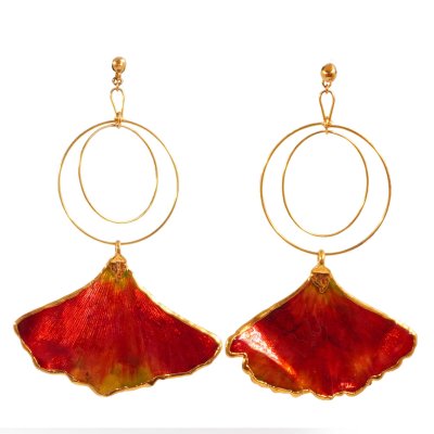 Fancy Ginkgo Twin Hoop Dangle Earrings