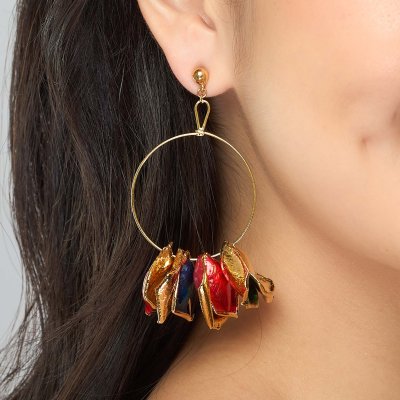 Multicolor & Gold Plated Rose Petal Dangle Hoop Earrings Multicolor & Gold Plated Rose Petal Dangle Hoop Earrings
