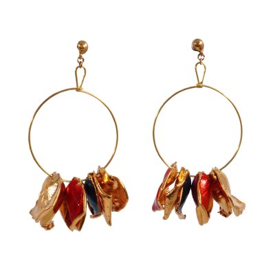 Multicolor & Gold Plated Rose Petal Dangle Hoop Earrings Multicolor & Gold Plated Rose Petal Dangle Hoop Earrings