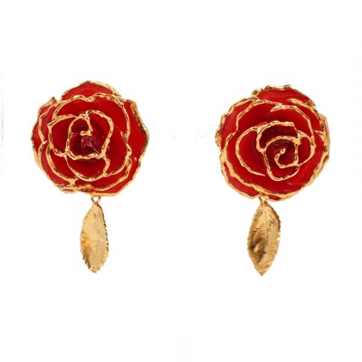 ต่างหูกุหลาบขอบทองพร้อมใบกุหลาบชุบทอง ต่างหูกุหลาบขอบทองพร้อมใบกุหลาบชุบทอง