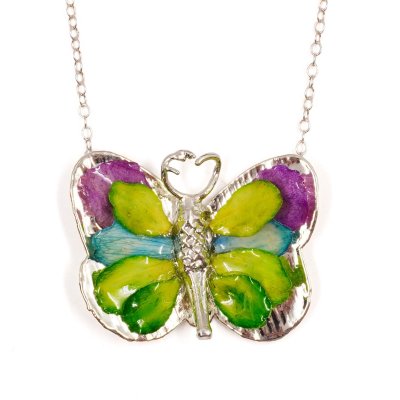 Silver Plated Butterfly with Preserved Flower Petals Pendant Necklace Silver Plated Butterfly with Preserved Flower Petals Pendant Necklace