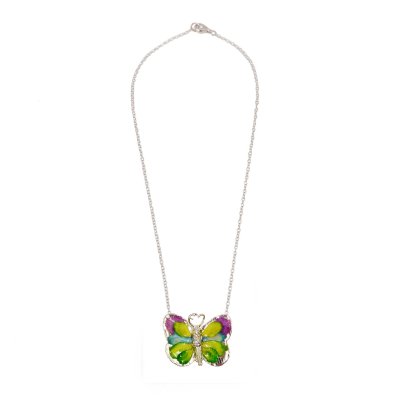 Silver Plated Butterfly with Preserved Flower Petals Pendant Necklace