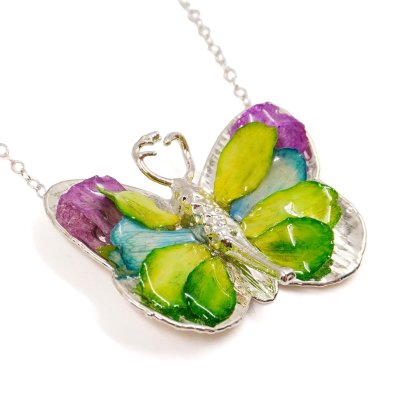 Silver Plated Butterfly with Preserved Flower Petals Pendant Necklace