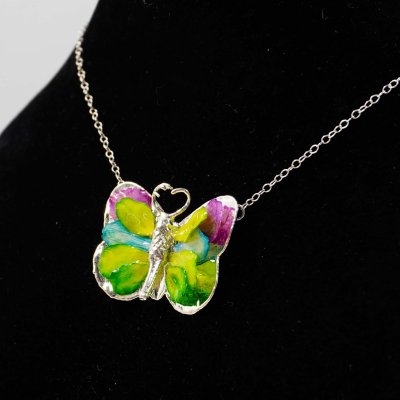 Silver Plated Butterfly with Preserved Flower Petals Pendant Necklace