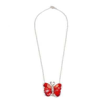 Silver Plated Butterfly with Preserved Flower Petals Pendant Necklace