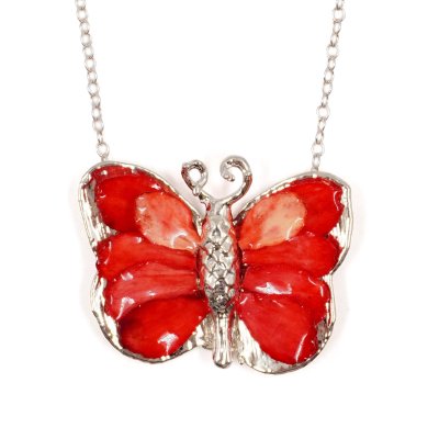 Silver Plated Butterfly with Preserved Flower Petals Pendant Necklace Silver Plated Butterfly with Preserved Flower Petals Pendant Necklace