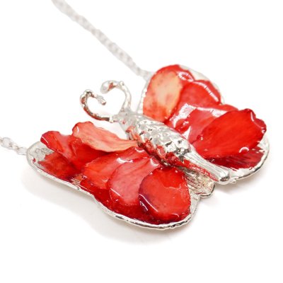 Silver Plated Butterfly with Preserved Flower Petals Pendant Necklace