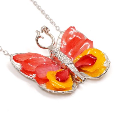 Silver Plated Butterfly with Preserved Flower Petals Pendant Necklace