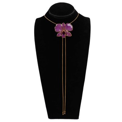 Clear-Coated & Gold Edges Dendrobium Orchid Adjustable Necklace