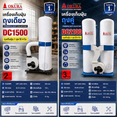 OKURA เครื่องเก็บฝุ่นงานไม้ เครื่องดูดฝุ่นไม้ DC2100 DC1500 Dust Collector 220V เครื่องดูดขี้เลื่อย