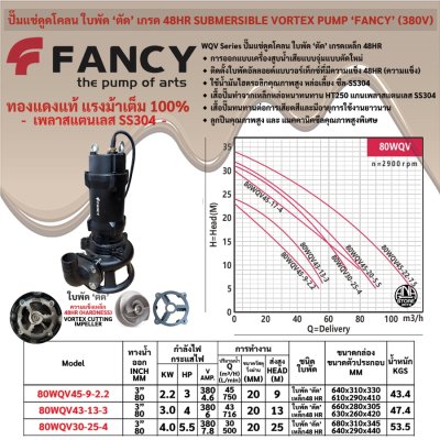 FANCY ปั๊มแช่ดูดโคลน 3นิ้ว ใบพัด ‘ตัด’ SUBMERSIBLE VORTEX PUMP 80WQV