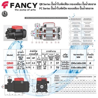FANCY ปั๊มหอยโข่ง ใบพัดทองเหลือง 1นิ้ว ทองแดงแท้