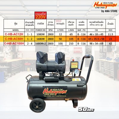 Hobayashi ปั๊มลม 100ลิตร oil-free ของแท้ ไร้น้ำมัน เสียงเงียบ ทำลมเร็ว
