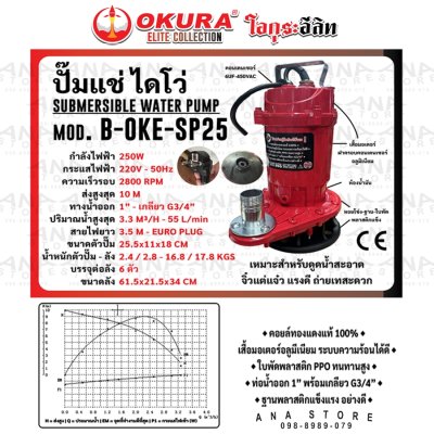 ปั๊มแช่ 1นิ้ว OKURA SP25 ทองแดงแท้ 100% ไดโว่