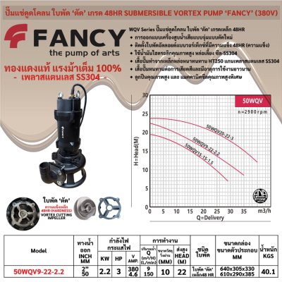 FANCY ปั๊มแช่ดูดโคลน 1นิ้ว ใบพัด ‘ตัด’ SUBMERSIBLE VORTEX PUMP 50WQV