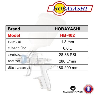 กาพ่นสี สแตนเลส HOBAYASHI 1.3มม made in Taiwan