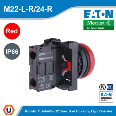 EATON M22 Modular Pushbutton 22.5mm. Red Indicating Light Operator IP66 | M22-L-R/24-R