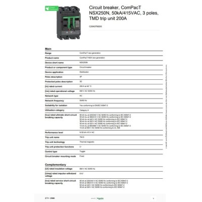 Schneider Electric Circuit breaker ComPacT NSX250N 50kA/415VAC 3P TMD trip unit 200A | C25N3TM200