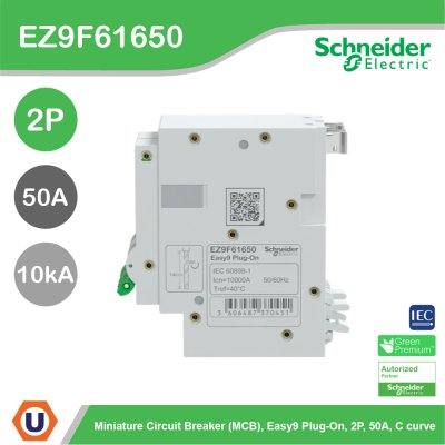 Schneider Electric เมนเซอร์กิตเบรกเกอร์ รุ่น Easy9 Plug-On ขนาด 2P 10kA 50A รหัส EZ9F61650