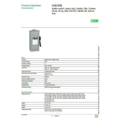 Schneider Electric Safety Switch 30A 3 เฟส 600VAC เซฟตี้สวิตช์ แบบติดตั้งฟิวส์ได้ ใช้ภายนอกอาคาร | H361RB