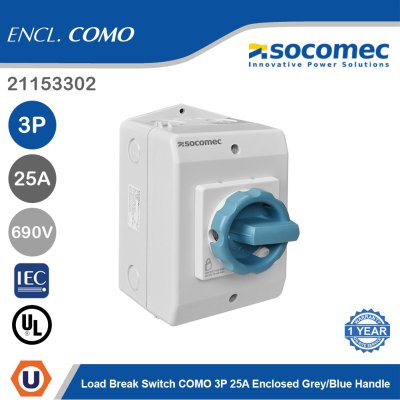 Socomec Load Break Switch COMO 3P 25A Enclosed Grey/Blue Handle | 21153302