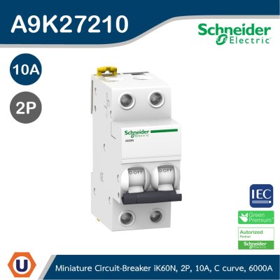 Schneider Electric Miniature Circuit-Breaker, Acti9 iK60N, 2P, 10 A, C Curve, 6000 A (IEC 60898-1) I A9K27210
