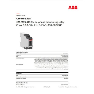 ABB Three-phase monitoring relay 2c/o, 0,0.1-30s, L1-L2-L3=3x300-500VAC l CM-MPS.41S l 1SVR730884R3300