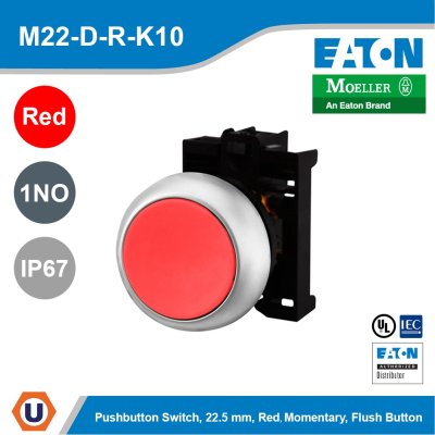 EATON Pushbutton, Red Actuator, Silver Bezel, 1No, Ip67, Ip69K, Non-Illuminated l M22-D-R/K10