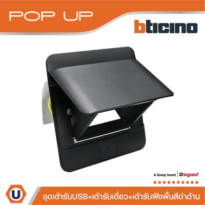 BTicino ชุดเต้ารับเดี่ยว 3ขา มีม่านนิรภัย + เต้ารับUSB + เต้ารับฝังพื้นสีดำด้าน รุ่นMatix