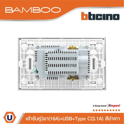 BTicino เต้ารับ USB Type A+C+เต้ารับคู่ 3ขา สีดำDuplex Socket 2P+E+USB Charger Type A+C,2Ports | Bamboo| AE4185ACGR