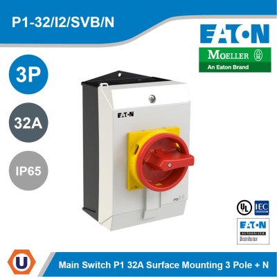 EATON Main switch,P1, 32A, surface mounting, 3P+N Emergency switching off function | P1-32/I2/SVB/N