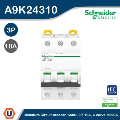 Schneider Electric Miniature Circuit-Breaker, Acti9 iK60N, 3P, 10 A, C Curve, 6000 A (IEC 60898-1) I A9K24310