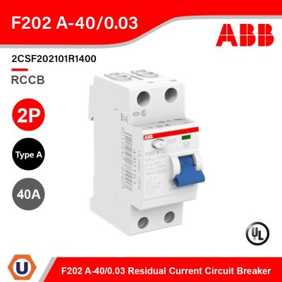ABB F202 A-40/0.03 Residual Current Circuit Breaker (RCCB) 2P, TypeA, 30mA, 40A รุ่น F200 l 2CSF202101R1400