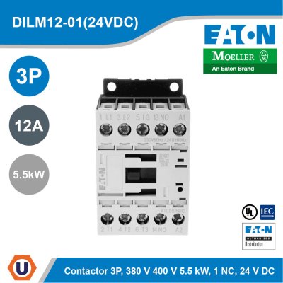 EATON Contactor 3P, 380V 400V 5.5 kW, 1 NC, 24 VDC, DC operation, Screw terminals | DILM12-01(24VDC)