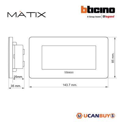 BTicino ชุดเต้ารับคู่ 3ขา + สวิตซ์ทางเดียว 16A 250V + ฝาครอบ 4ช่อง สีขาว พร้อมบล็อกฝัง | Matix