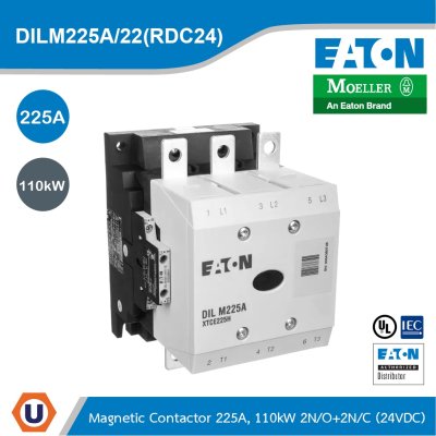 EATON Contactor, 380 V 400 V 110 kW, 2 N/0, 2 NC, RDC24 - 27 V DC,DC Operation, Screw Connection | DILM225A/22(RDC24)