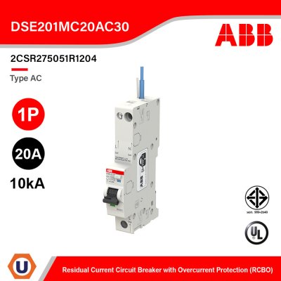 ABB DSE201M C16 AC30 N Blue Residual Current Circuit Breaker with Overcurrent Protection TypeAC, 1P, 20A, 10kA