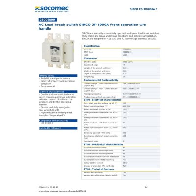 Socomec AC Load Break Switch SIRCO 3P 1000A front operation w/o handle | 26003099